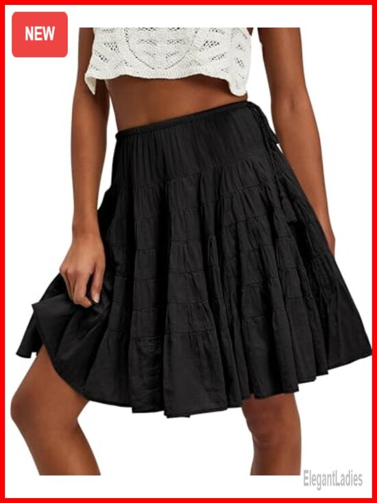 Dresses & Skirts - Womens Tiered Boho Pleated Drawstring Waist Knee Length Flowy Midi Skirt